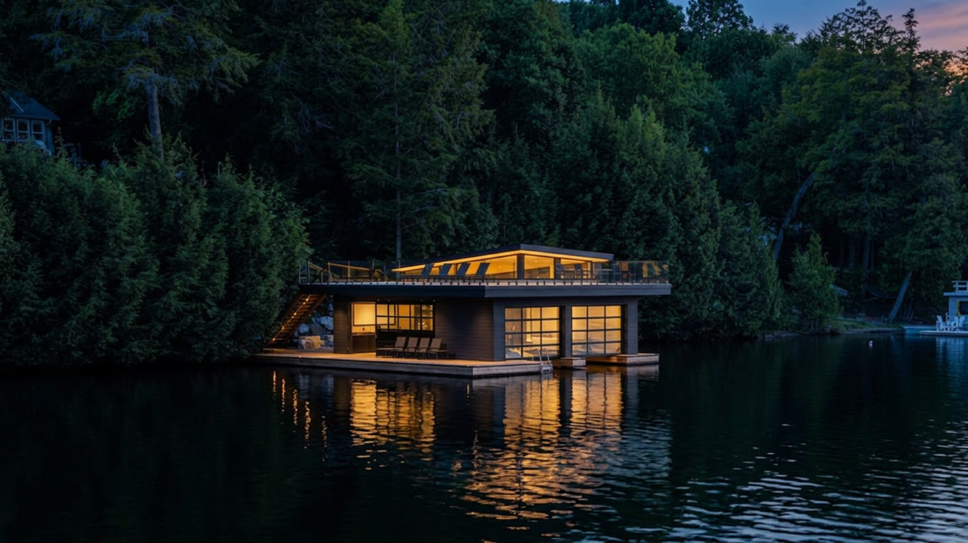Cameron Bay boathouse at dusk, lit from within and reflected in the lake — built work by Corbin Patten Designs