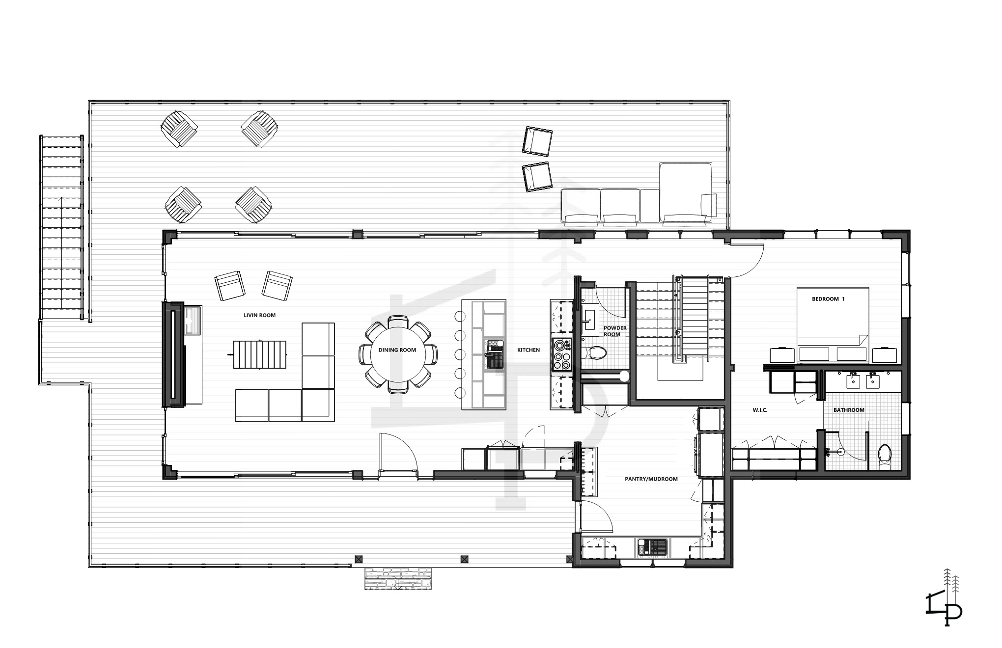 Chown Cottage main floor plan sheet drawn in Revit — Corbin Patten Designs