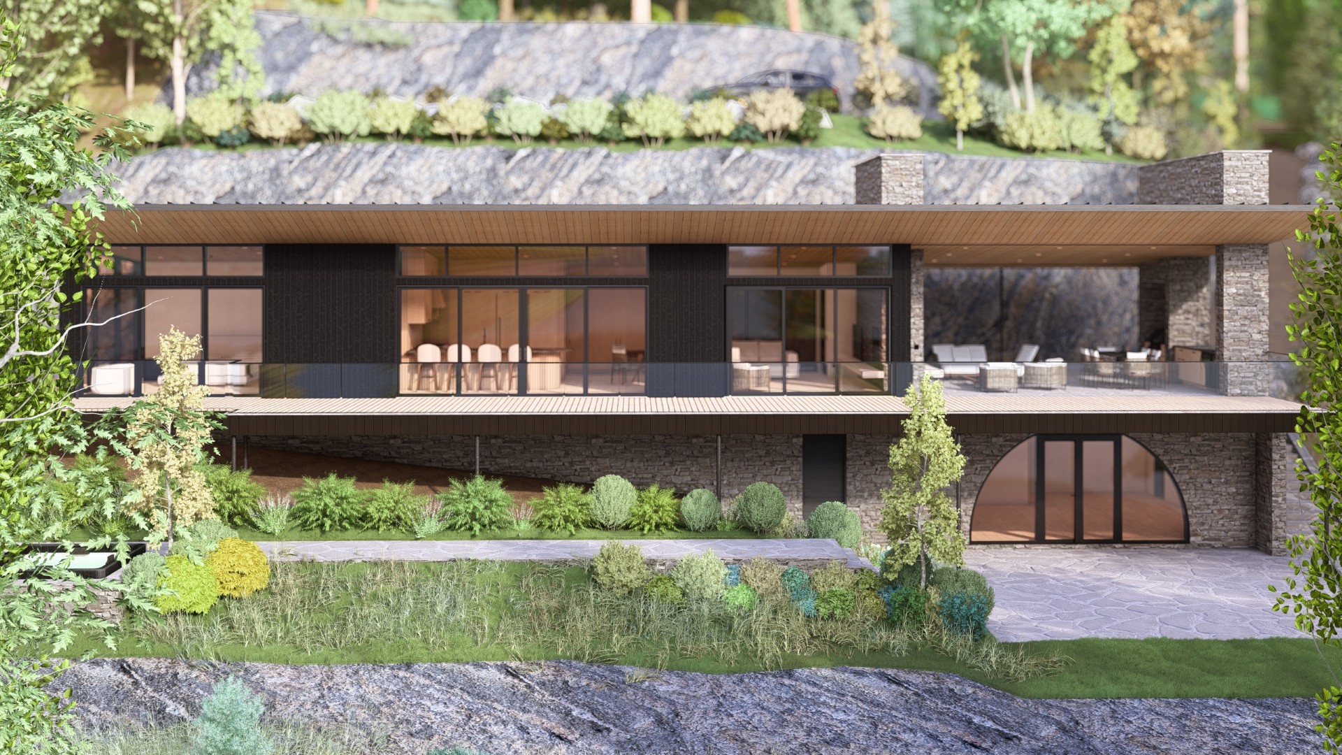 Cliffhouse render, stone and glass on a rock face with a warm interior glow — Corbin Patten Designs
