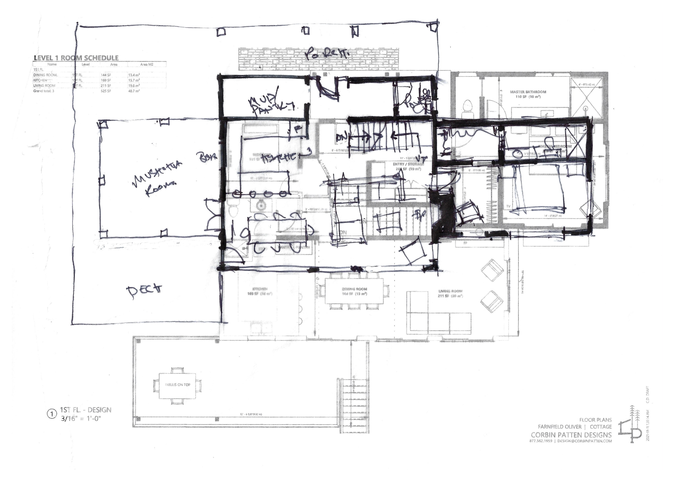 Hand-sketched floor plan on trace paper — Corbin Patten Designs