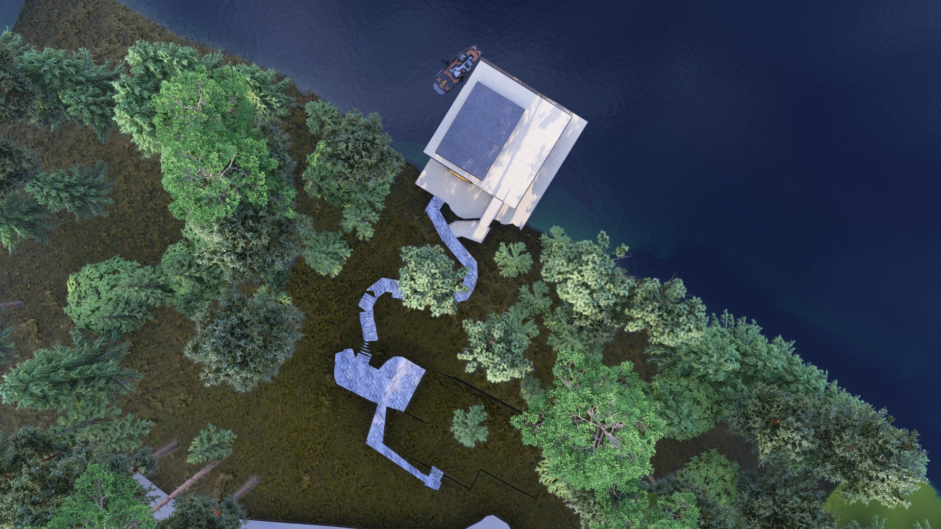 Aerial night render of a boathouse and a path through the trees — Corbin Patten Designs