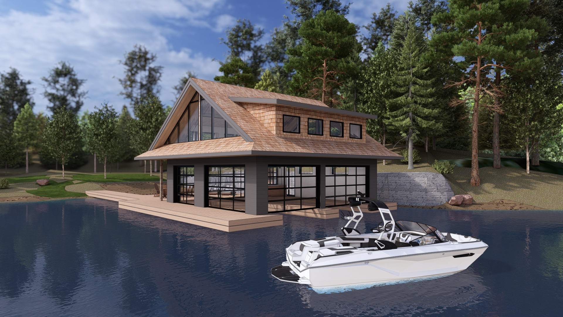 Lake Joseph boathouse with a gable roof and glass doors, boat in the foreground — a Corbin Patten Designs project modelled in Revit