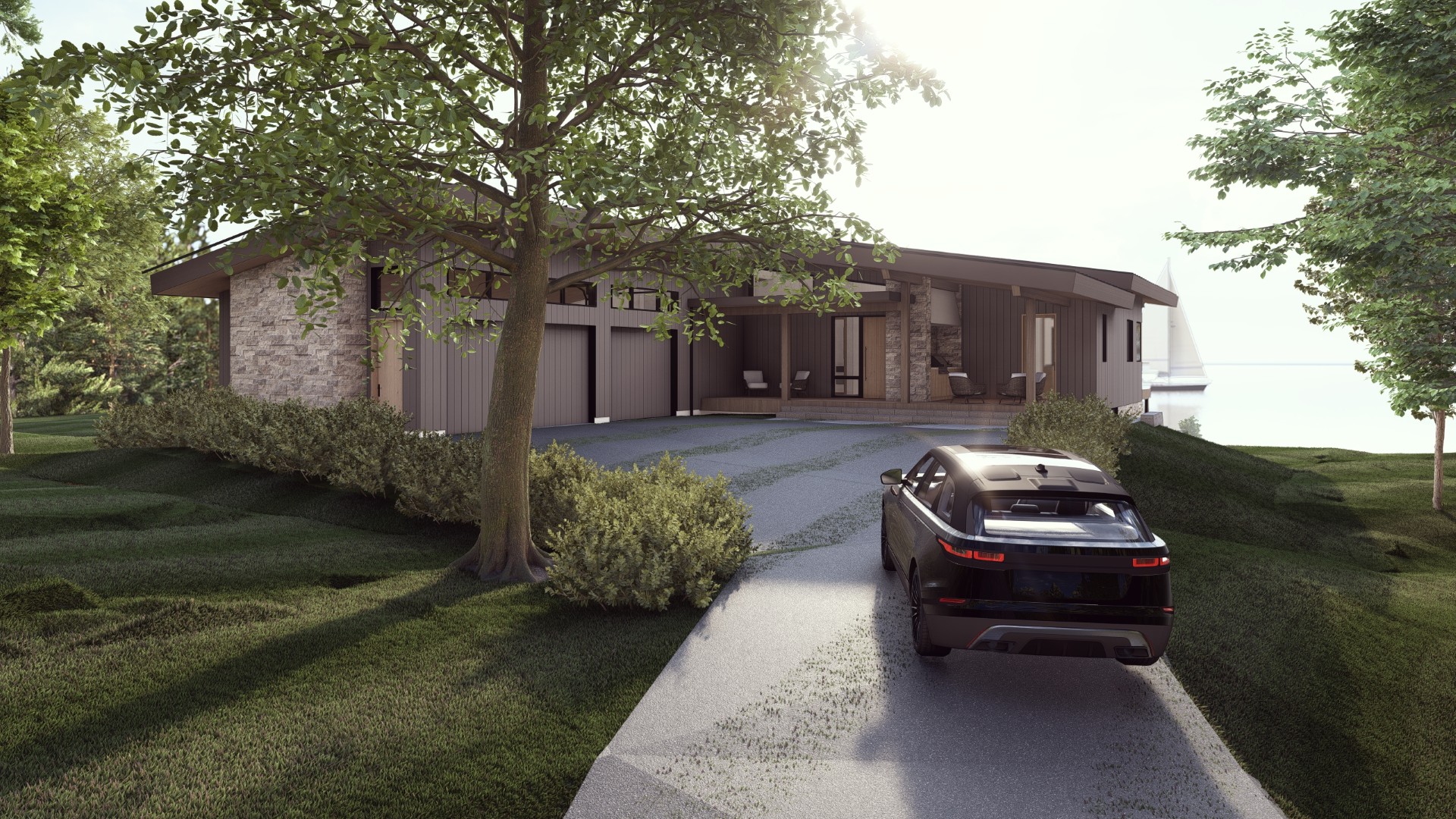 Lake Nipissing mountain-modern house render with a low stone base and driveway — Corbin Patten Designs