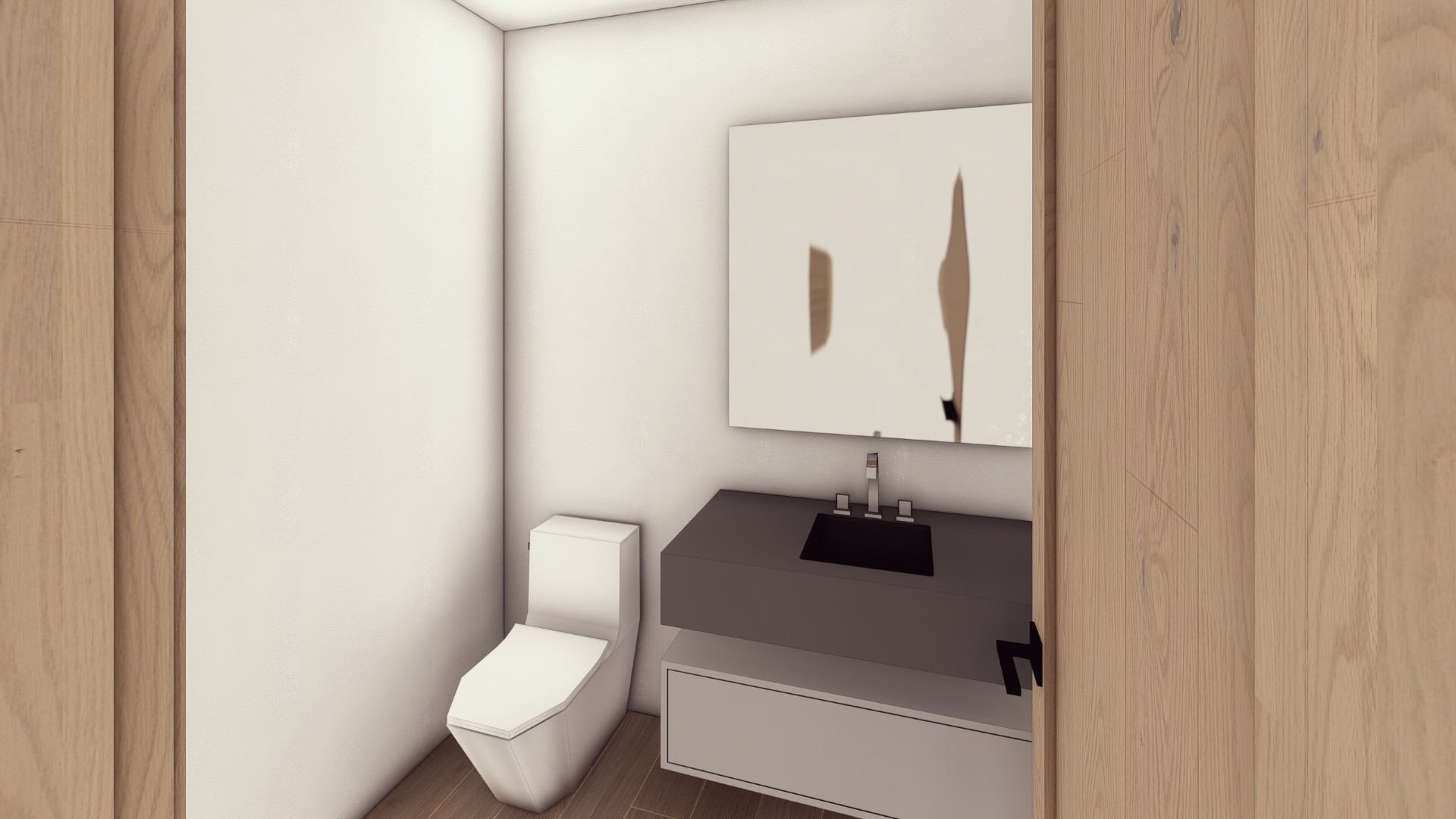 Interior render of a powder room with light oak millwork — Corbin Patten Designs